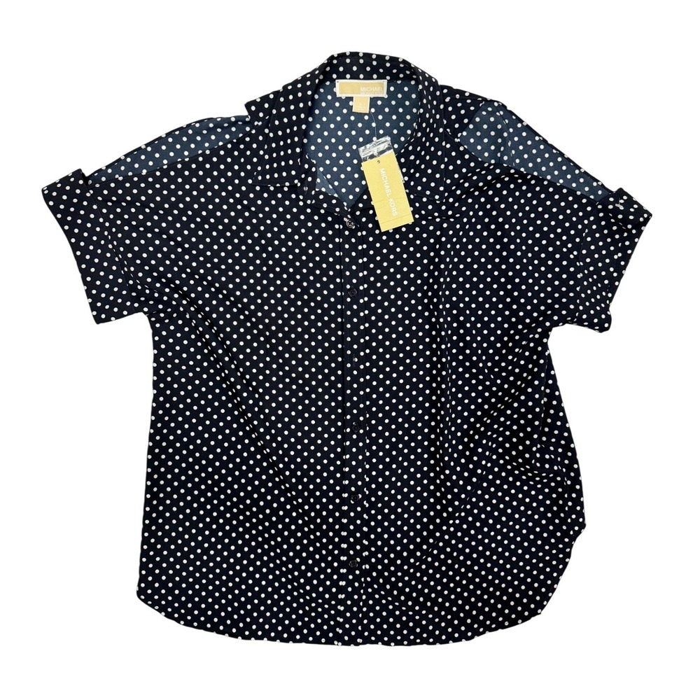 Michael Kors Polka Dot Cold Shoulder Blouse Navy White JS64KJW9H6 Large